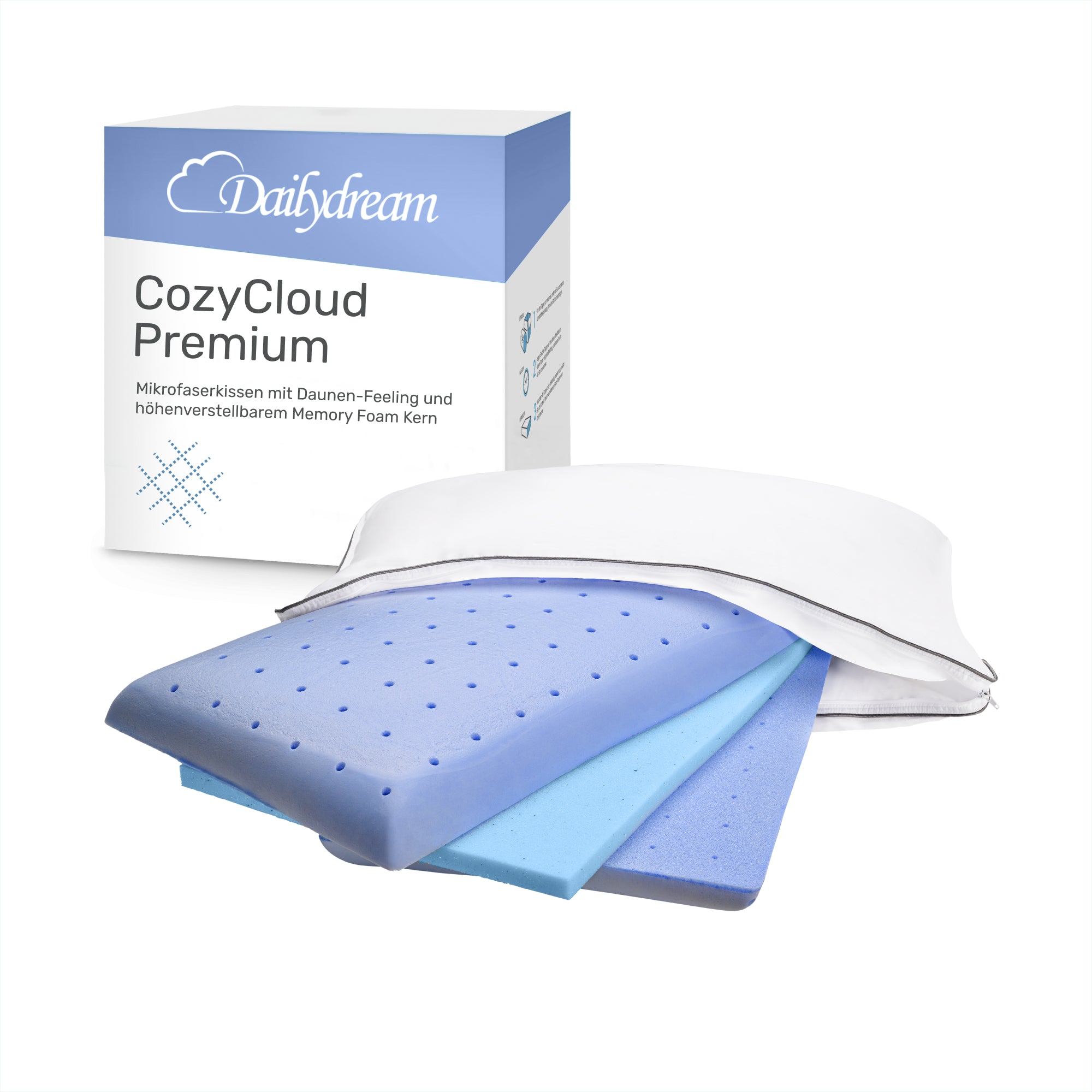 Dailydream CozyCloud Premium Mikrofaserkissen mit höhenverstellbarem Memoryfoam Kern, 65 x 45cm